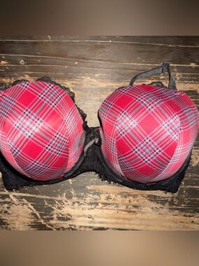 VS Red Plaid Push-Up Bra with Black Lace Trim
